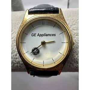 GE‎ Appliances Ladies Watch 26MM 7.5" New Battery Black Leather Band Gold Tone Q